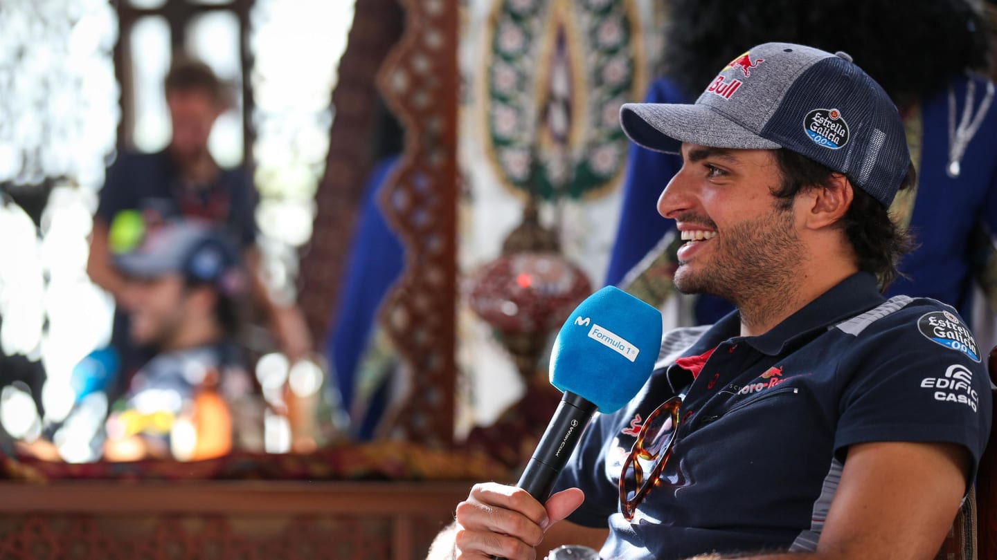 Carlos Sainz jr (ESP) Scuderia Toro Rosso talks to the media at Formula One World Championship, Rd8, Azerbaijan Grand Prix, Preparations, Baku City Circuit, Baku, Azerbaijan, Thursday 22 June 2017. © Sutton Images