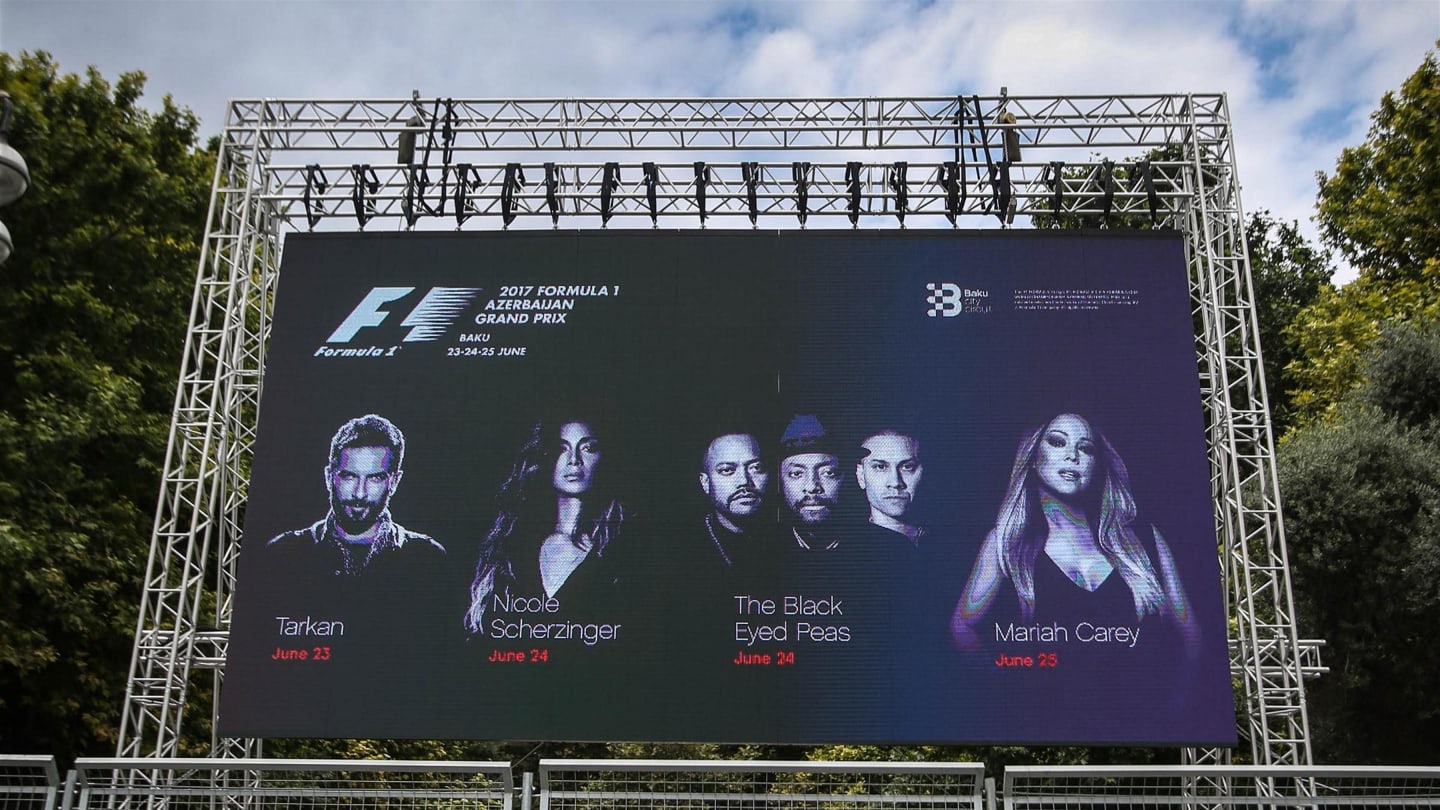 Concert advert on giant screen at Formula One World Championship, Rd8, Azerbaijan Grand Prix, Preparations, Baku City Circuit, Baku, Azerbaijan, Thursday 22 June 2017. © Sutton Images