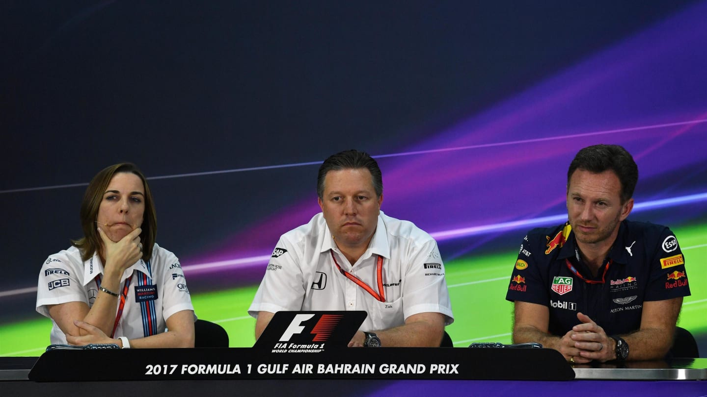 (L to R): Claire Williams (GBR) Williams Deputy Team Principal, Zak Brown (USA) McLaren Executive Director and Christian Horner (GBR) Red Bull Team Principal in the Press Conference at F1 World Championship,14 April 2017. ©Sutton Motorsport Images