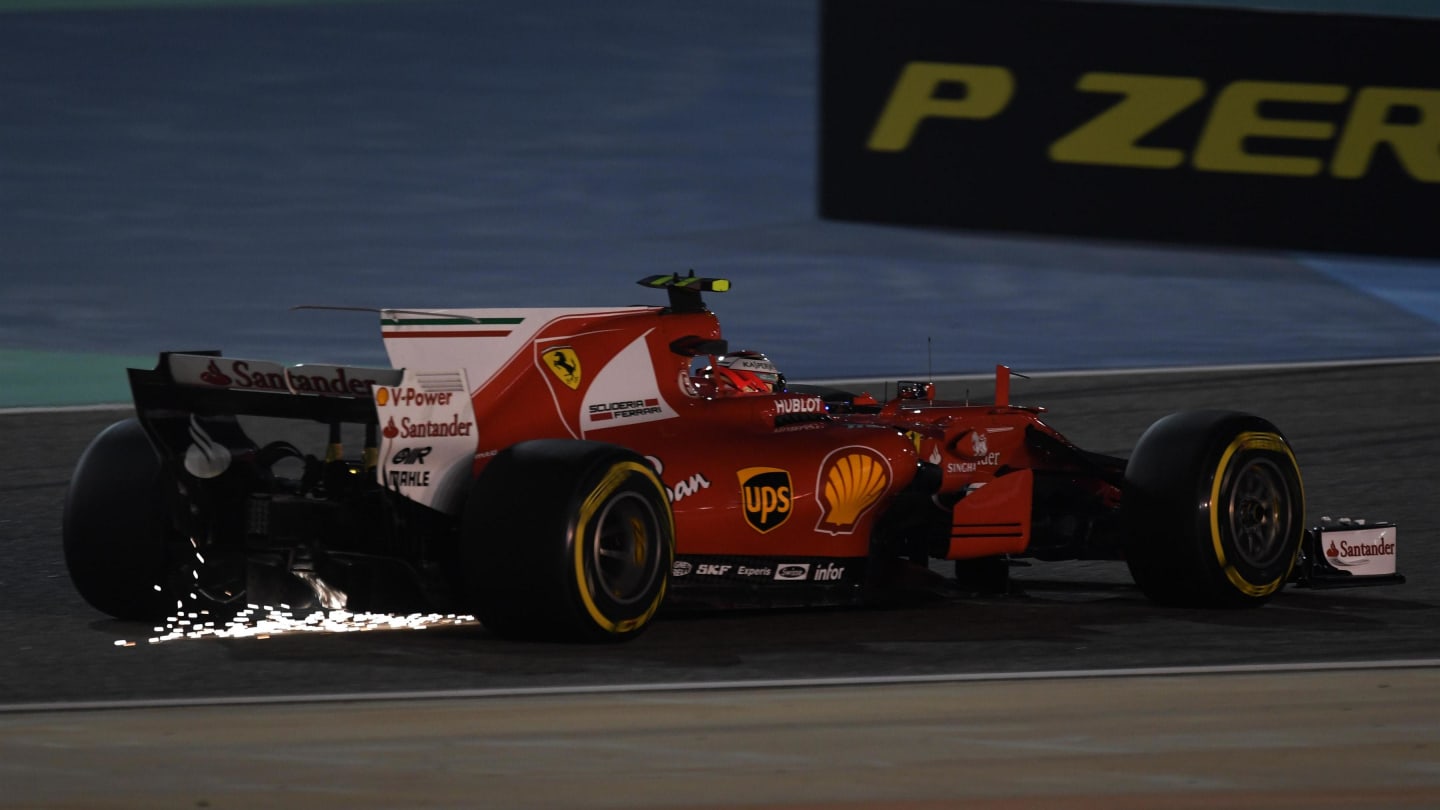 Kimi Raikkonen (FIN) Ferrari SF70-H and sparks at Formula One World Championship, Rd3, Bahrain Grand Prix Practice, Bahrain International Circuit, Sakhir, Bahrain, Friday 14 April 2017. © Sutton Motorsport Images