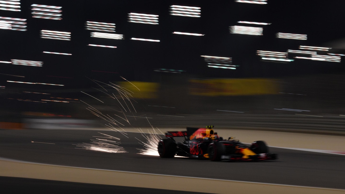 Max Verstappen (NED) Red Bull Racing RB13 sparks at Formula One World Championship, Rd3, Bahrain Grand Prix Practice, Bahrain International Circuit, Sakhir, Bahrain, Friday 14 April 2017. © Sutton Motorsport Images