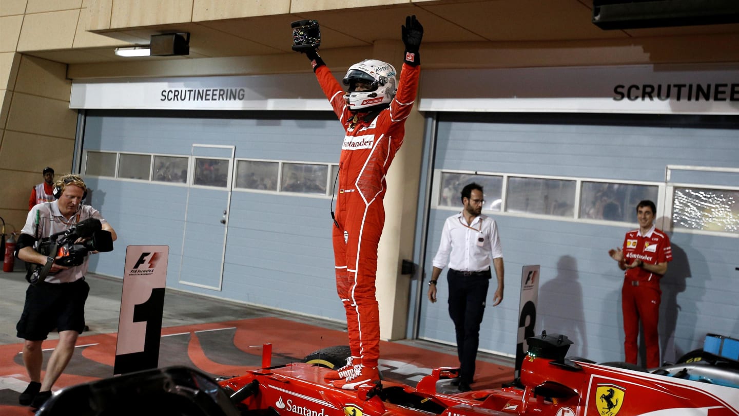 Race winner Sebastian Vettel (GER) Ferrari celebrates in parc ferme at Formula One World Championship, Rd3, Bahrain Grand Prix Race, Bahrain International Circuit, Sakhir, Bahrain, Sunday 16 April 2017. © Sutton Motorsport Images