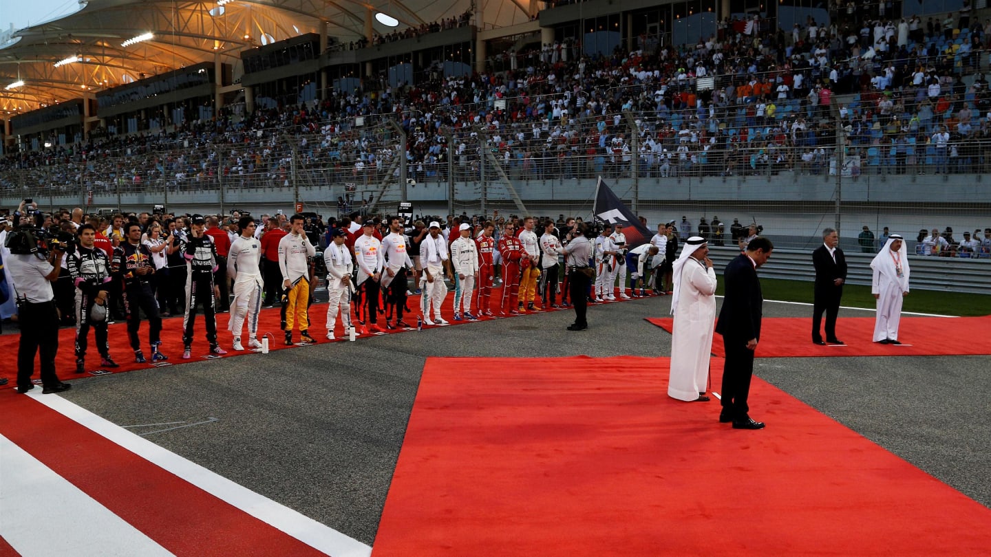 The National Anthem is observed on the grid at Formula One World Championship, Rd3, Bahrain Grand Prix Race, Bahrain International Circuit, Sakhir, Bahrain, Sunday 16 April 2017. © Sutton Motorsport Images