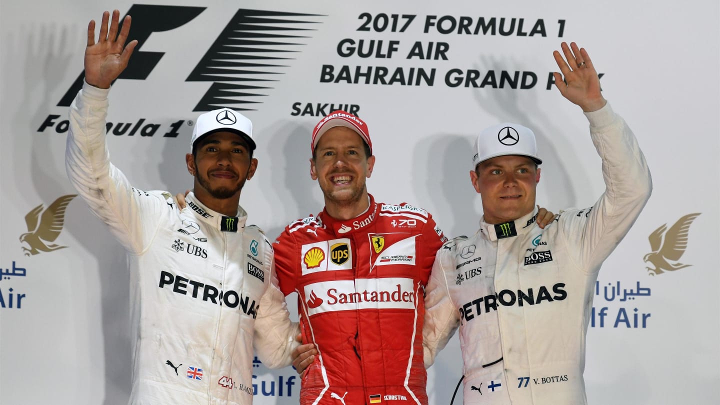 (L to R): Hamilton Mercedes AMG F1, Vettel Ferrari and Bottas Mercedes AMG F1 celebrate on the podium at F1 World Championship, Rd3, Bahrain Grand Prix Race, Bahrain International Circuit, Sakhir, Bahrain, Sunday 16 April 2017. © Sutton Motorsport Images