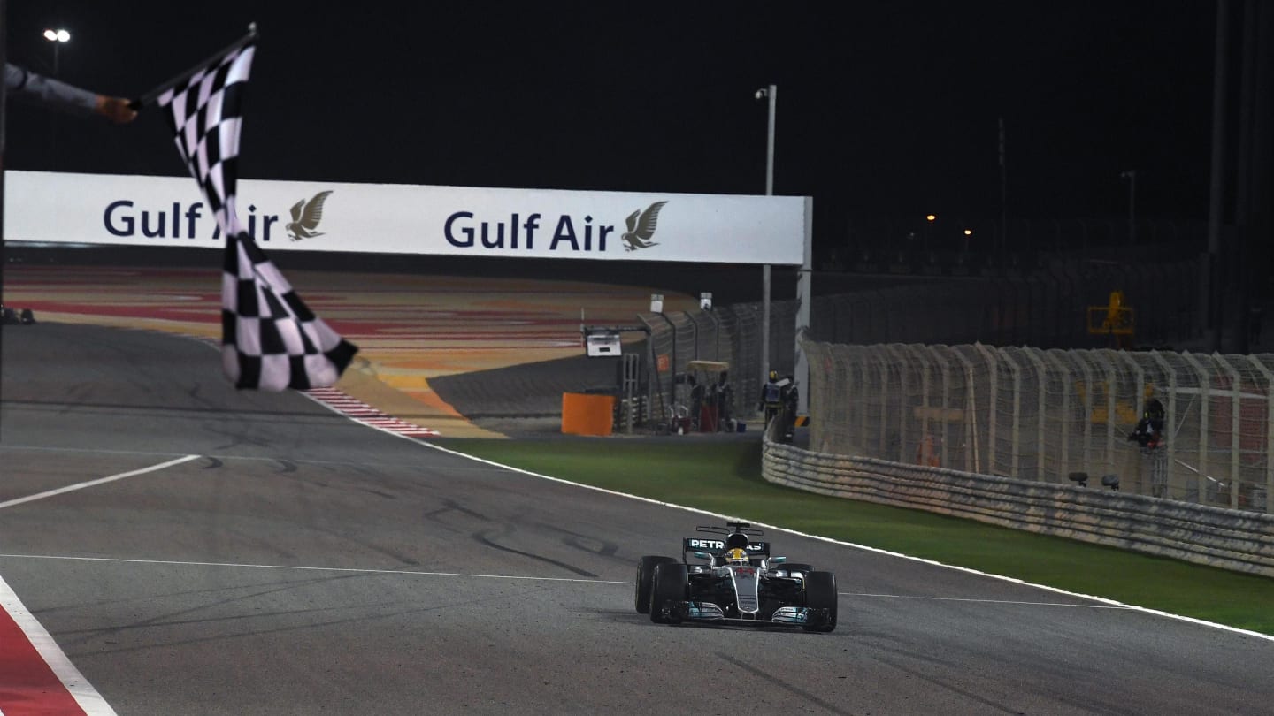 Lewis Hamilton (GBR) Mercedes-Benz F1 W08 Hybrid takes the chequered flag at Formula One World Championship, Rd3, Bahrain Grand Prix Race, Bahrain International Circuit, Sakhir, Bahrain, Sunday 16 April 2017. © Sutton Motorsport Images
