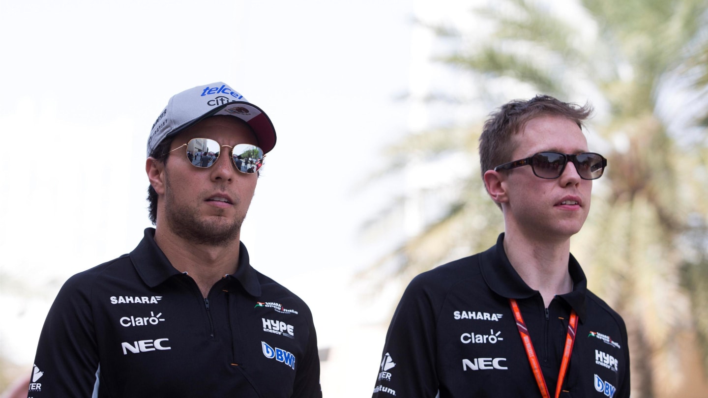 Sergio Perez (MEX) Force India and Will Hings (GBR) Force India Press Officer at Formula One World Championship, Rd3, Bahrain Grand Prix Preparations, Bahrain International Circuit, Sakhir, Bahrain, Thursday 13 April 2017. © Sutton Motorsport Images