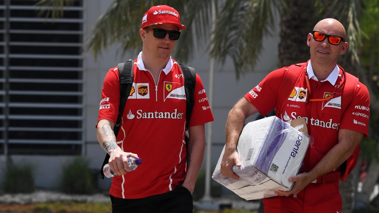 Kimi Raikkonen (FIN) Ferrari with his trainer Mark Arnall (GBR) at Formula One World Championship, Rd3, Bahrain Grand Prix Preparations, Bahrain International Circuit, Sakhir, Bahrain, Thursday 13 April 2017. © Sutton Motorsport Images