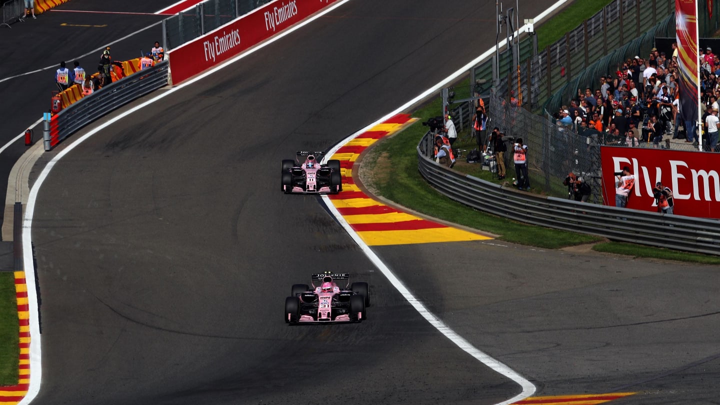 Esteban Ocon (FRA) Force India VJM10 and Sergio Perez (MEX) Force India VJM10 at Formula One World Championship, Rd12, Belgian Grand Prix, Practice, Spa Francorchamps, Belgium, Friday 25 August 2017. © Sutton Images