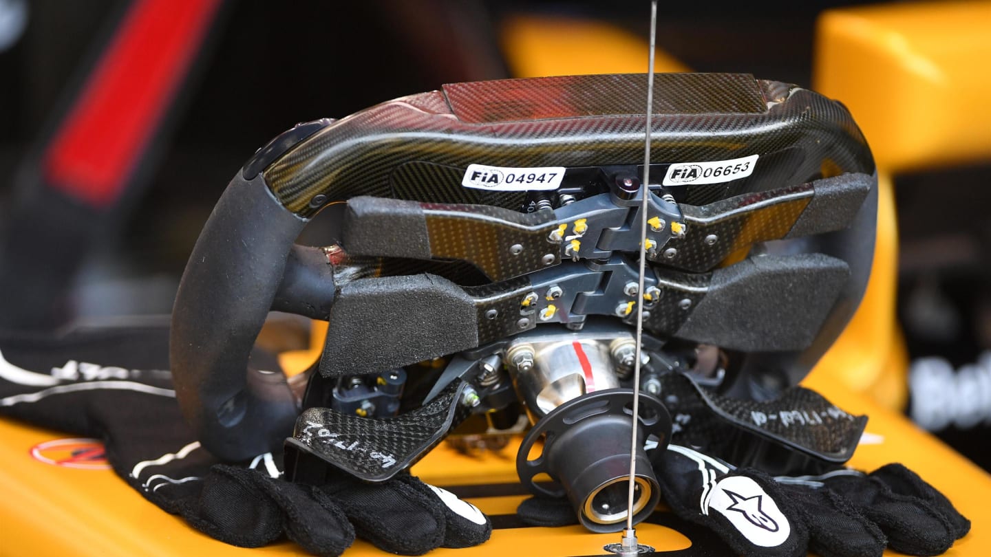 Renault Sport F1 Team RS17 steering wheel at Formula One World Championship, Rd12, Belgian Grand Prix, Practice, Spa Francorchamps, Belgium, Friday 25 August 2017. © Sutton Images