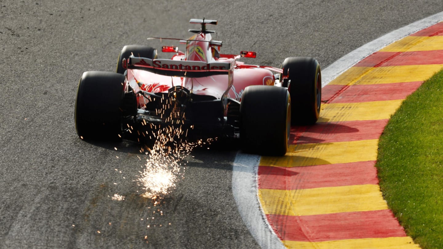 Sebastian Vettel (GER) Ferrari SF70-H sparks at Formula One World Championship, Rd12, Belgian Grand Prix, Practice, Spa Francorchamps, Belgium, Friday 25 August 2017. © Sutton Images