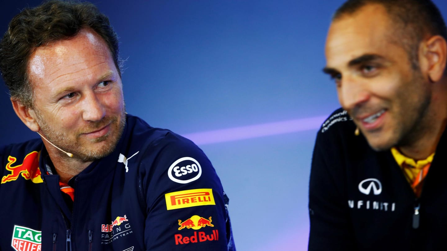 Christian Horner (GBR) Red Bull Racing Team Principal and Cyril Abiteboul (FRA) Renault Sport F1 Managing Director in the Press Conference at Formula One World Championship, Rd12, Belgian Grand Prix, Practice, Spa Francorchamps, Belgium, Friday 25 August 2017. © Sutton Images