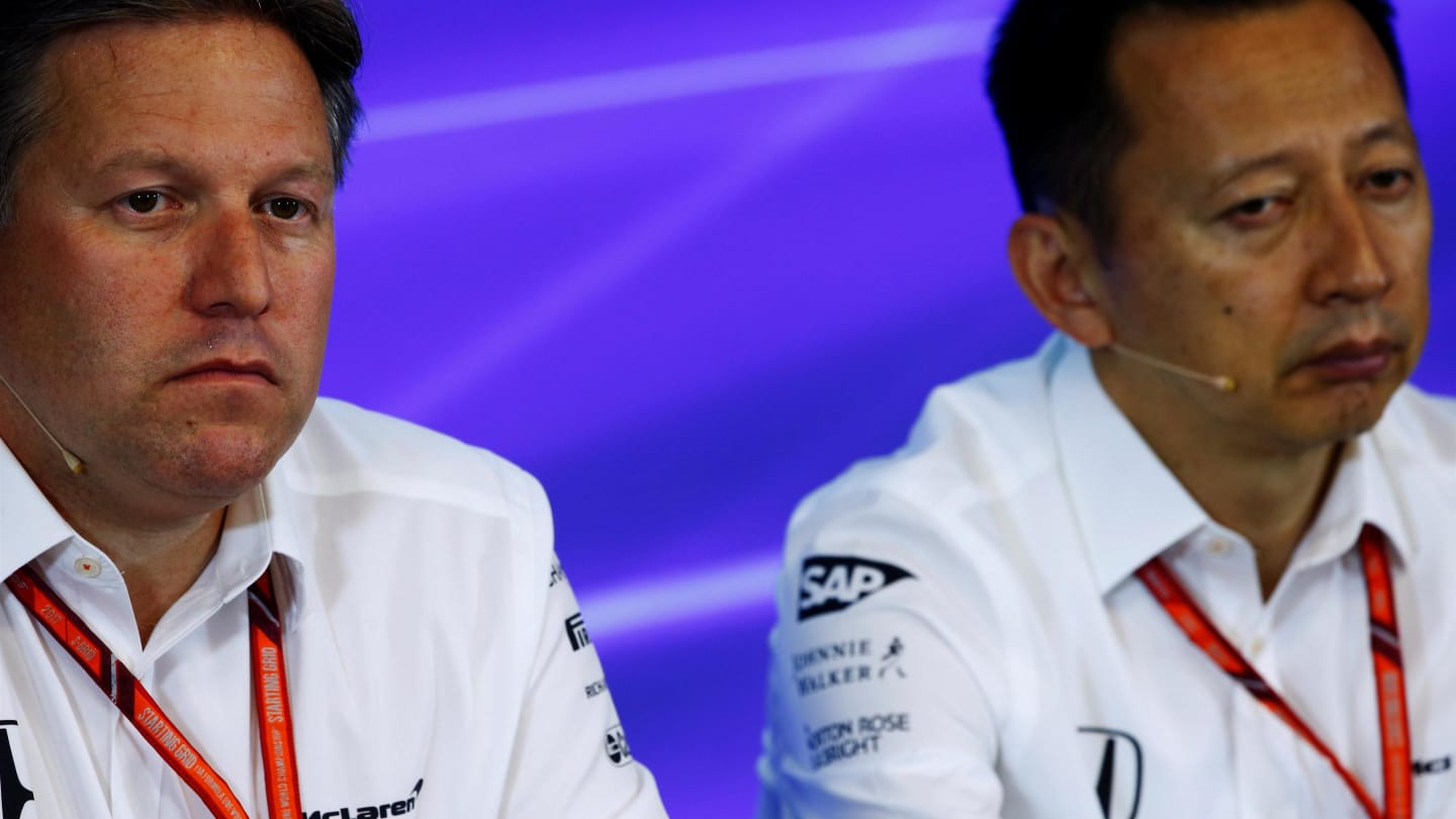 Zak Brown (USA) McLaren Executive Director and Yusuke Hasegawa (JPN) Head of Honda Motorsport in the Press Conference at Formula One World Championship, Rd12, Belgian Grand Prix, Practice, Spa Francorchamps, Belgium, Friday 25 August 2017. © Sutton Images