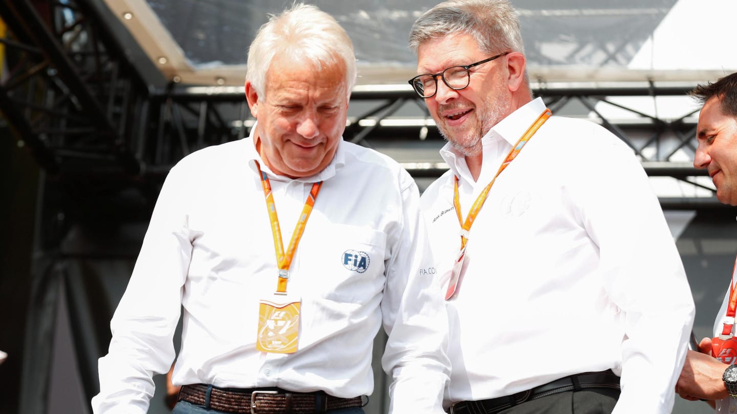 Charlie Whiting (GBR) FIA Delegate and Ross Brawn (GBR) Formula One Managing Director of Motorsports on stage at Formula One World Championship, Rd12, Belgian Grand Prix, Qualifying, Spa Francorchamps, Belgium, Saturday 26 August 2017. © Sutton Images