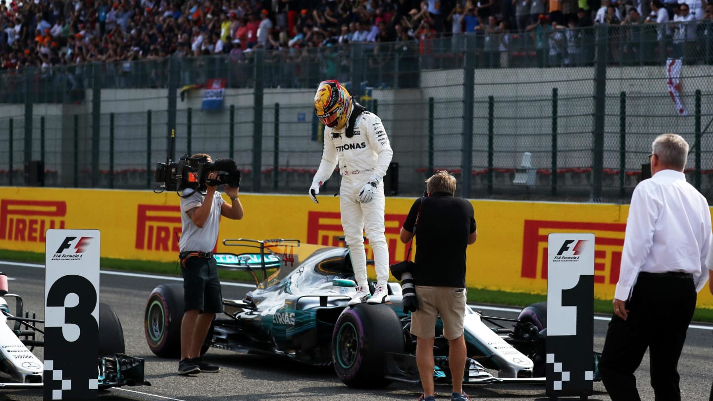 Pole sitter Lewis Hamilton (GBR) Mercedes-Benz F1 W08 Hybrid in parc ferme at Formula One World