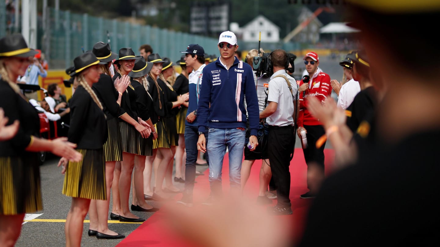 Esteban Ocon (FRA) Force India on the drivers parade at Formula One World Championship, Rd12, Belgian Grand Prix, Race, Spa Francorchamps, Belgium, Sunday 27 August 2017. © Sutton Images
