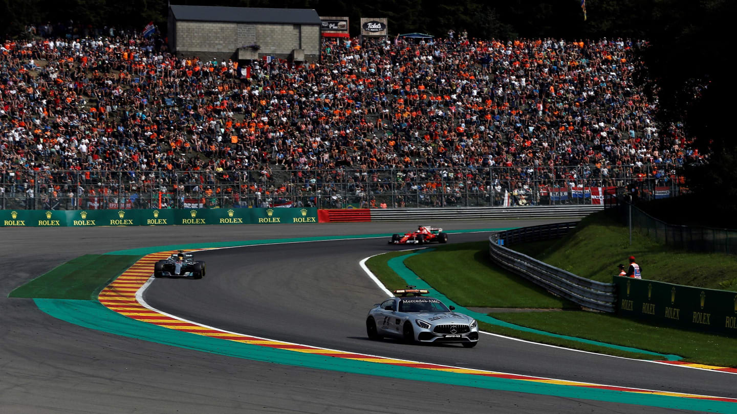 Safety car leads Lewis Hamilton (GBR) Mercedes-Benz F1 W08 Hybrid at the restart at Formula One World Championship, Rd12, Belgian Grand Prix, Race, Spa Francorchamps, Belgium, Sunday 27 August 2017. © Sutton Images