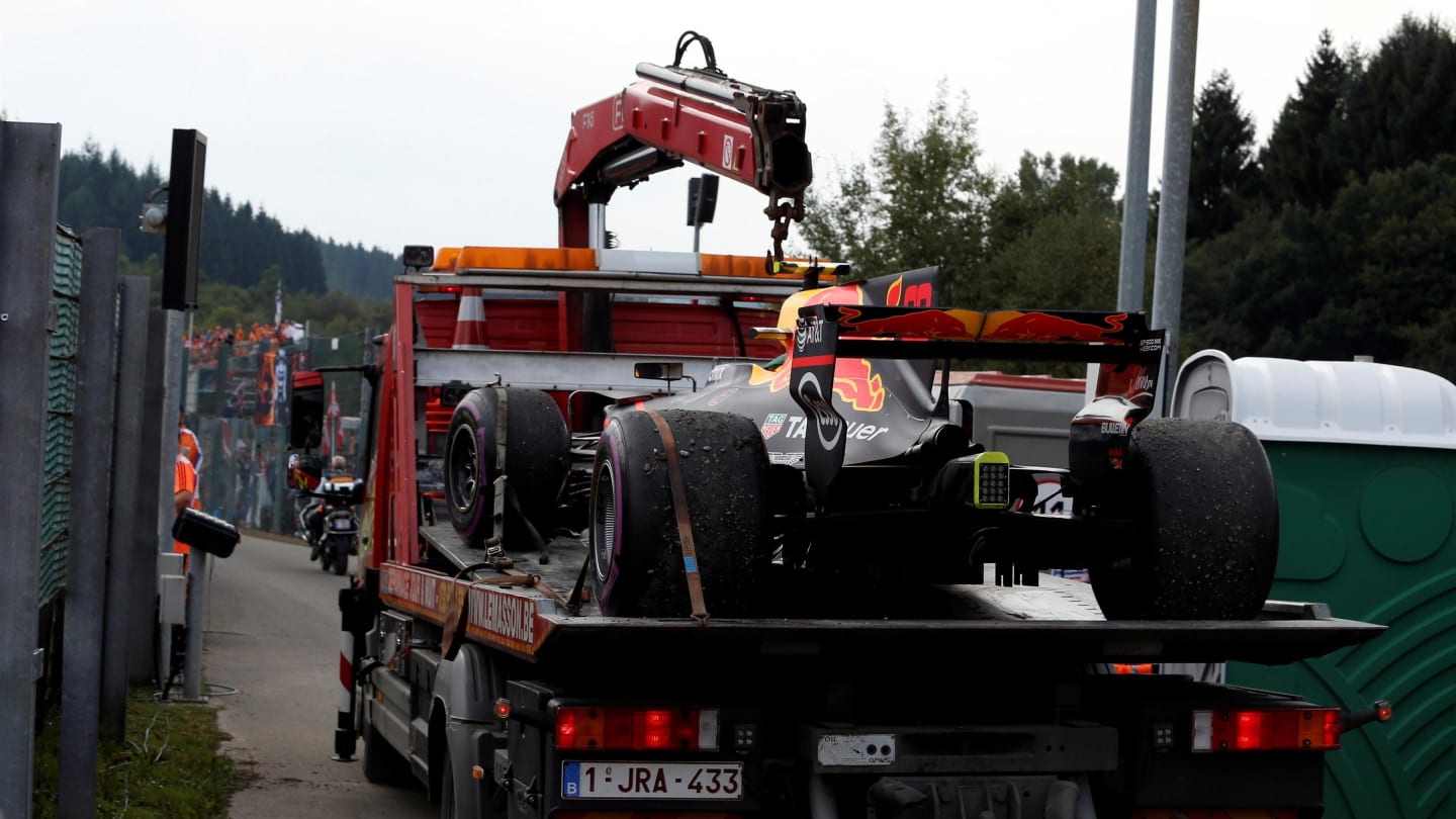 The car of Max Verstappen (NED) Red Bull Racing RB13 is recovered by marshals after stopping on track at Formula One World Championship, Rd12, Belgian Grand Prix, Race, Spa Francorchamps, Belgium, Sunday 27 August 2017. © Sutton Images