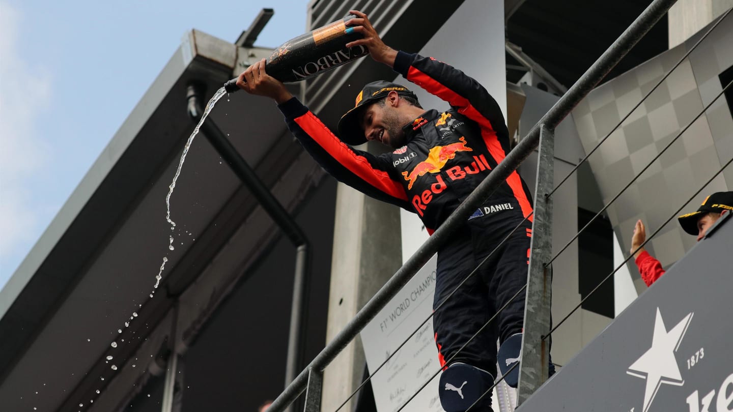 Daniel Ricciardo (AUS) Red Bull Racing celebrates on the podium with the champagne at Formula One World Championship, Rd12, Belgian Grand Prix, Race, Spa Francorchamps, Belgium, Sunday 27 August 2017. © Sutton Images