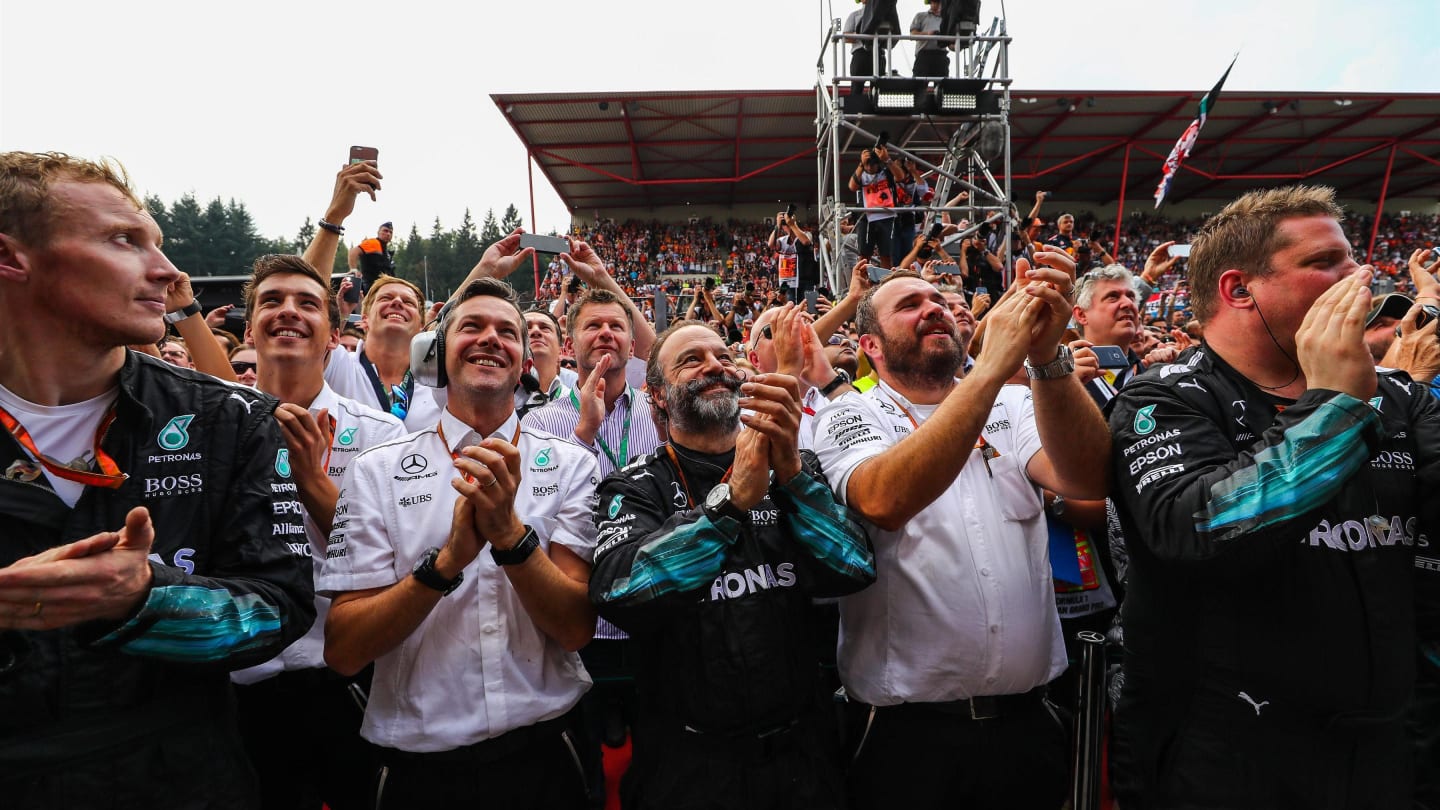 Mercedes AMG F1 team mechanics celebrate in parc ferme at Formula One World Championship, Rd12, Belgian Grand Prix, Race, Spa Francorchamps, Belgium, Sunday 27 August 2017. © Sutton Images