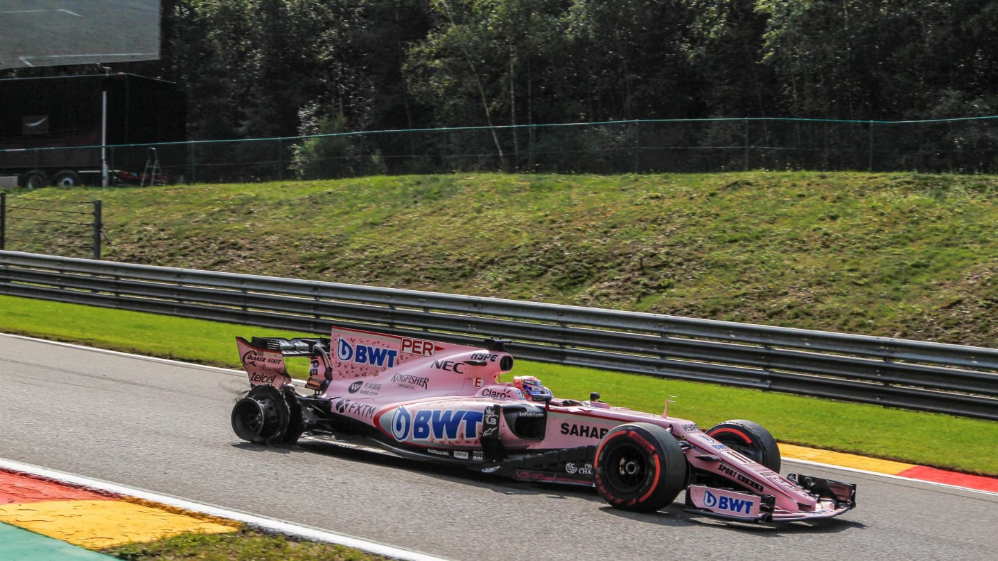 Sergio Perez (MEX) Force India VJM10 with rear puncture damage at Formula One World Championship, Rd12, Belgian Grand Prix, Race, Spa Francorchamps, Belgium, Sunday 27 August 2017. © Sutton Images