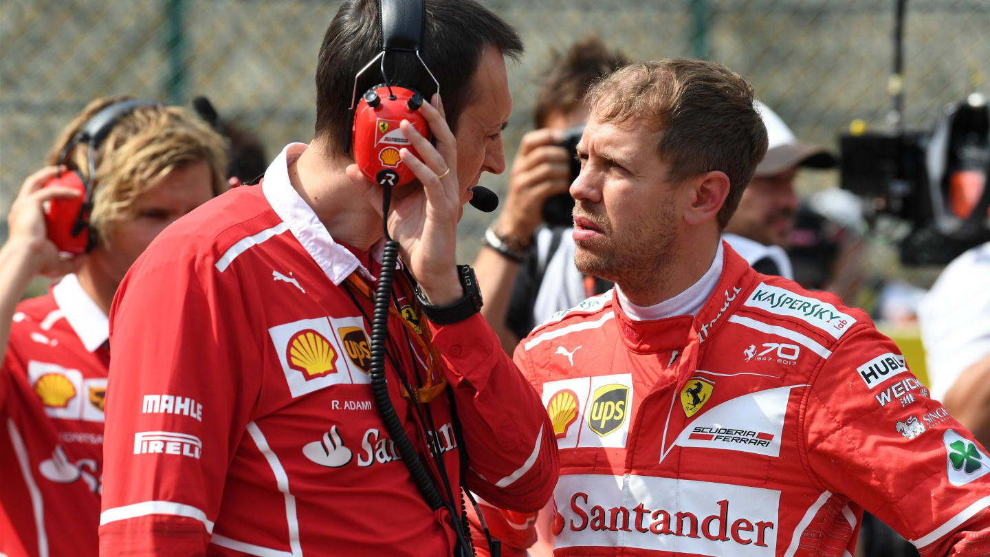 Adami (ITA) Ferrari Race Engineer and Sebastian Vettel (GER) Ferrari on the grid at Formula One World Championship, Rd12, Belgian Grand Prix, Race, Spa Francorchamps, Belgium, Sunday 27 August 2017. © Sutton Images