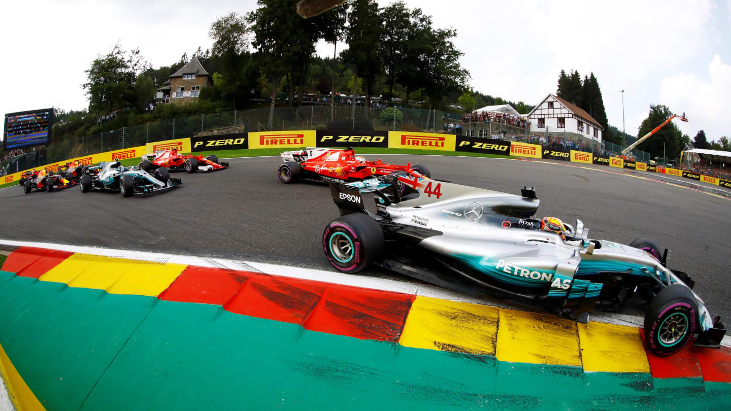 Lewis Hamilton (GBR) Mercedes-Benz F1 W08 Hybrid leads at the start of the race at Formula One World Championship, Rd12, Belgian Grand Prix, Race, Spa Francorchamps, Belgium, Sunday 27 August 2017. © Sutton Images