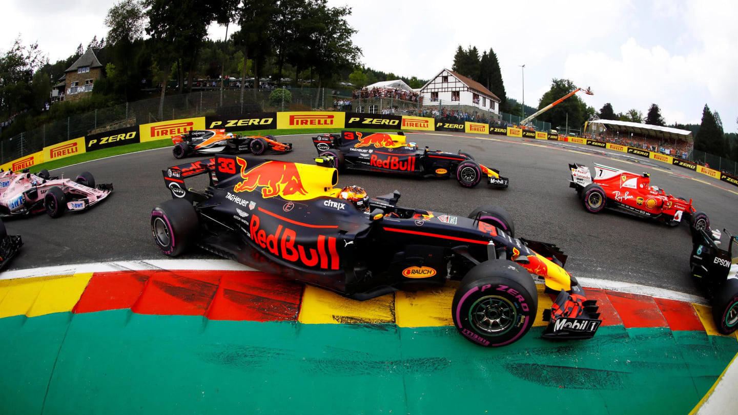 Max Verstappen (NED) Red Bull Racing RB13 at the start of the race at Formula One World Championship, Rd12, Belgian Grand Prix, Race, Spa Francorchamps, Belgium, Sunday 27 August 2017. © Sutton Images