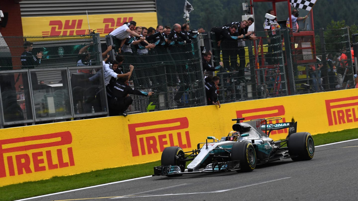 Race winner Lewis Hamilton (GBR) Mercedes-Benz F1 W08 Hybrid takes the chequered flag at Formula One World Championship, Rd12, Belgian Grand Prix, Race, Spa Francorchamps, Belgium, Sunday 27 August 2017. © Sutton Images