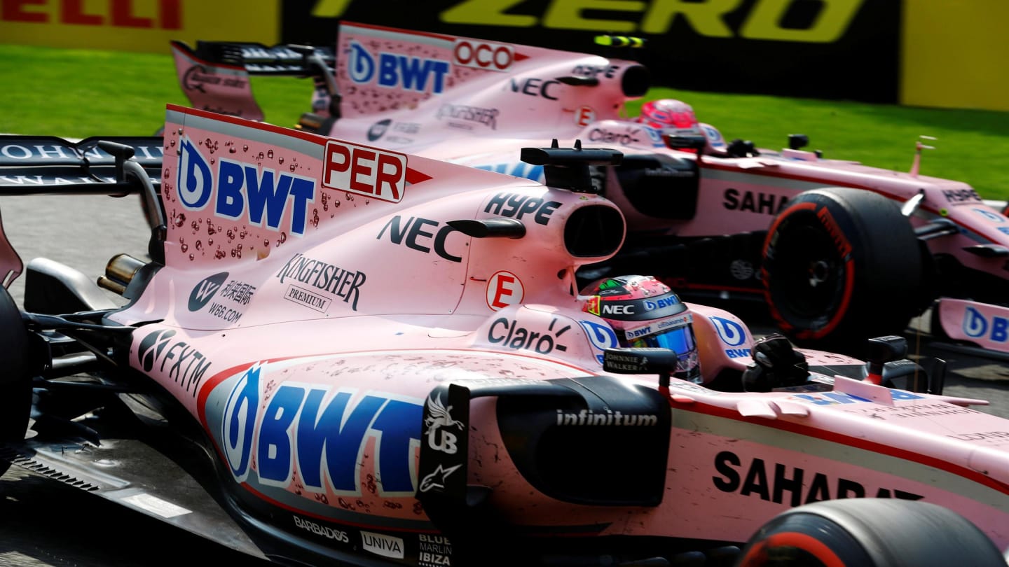 Sergio Perez (MEX) Force India VJM10 and Esteban Ocon (FRA) Force India VJM10 battle at Formula One World Championship, Rd12, Belgian Grand Prix, Race, Spa Francorchamps, Belgium, Sunday 27 August 2017. © Sutton Images