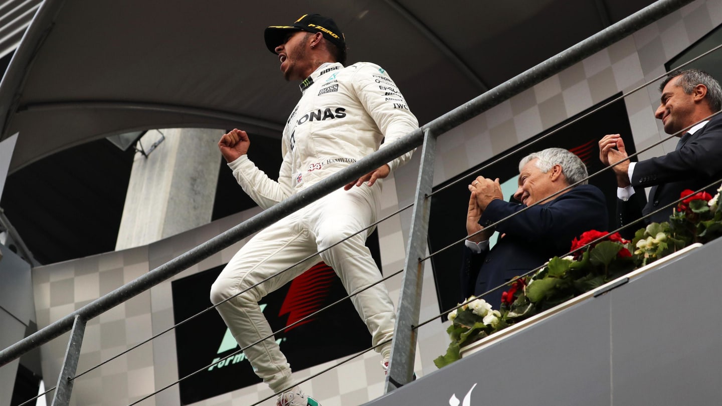Race winner Lewis Hamilton (GBR) Mercedes AMG F1 celebrates on the podium at Formula One World Championship, Rd12, Belgian Grand Prix, Race, Spa Francorchamps, Belgium, Sunday 27 August 2017. © Sutton Images
