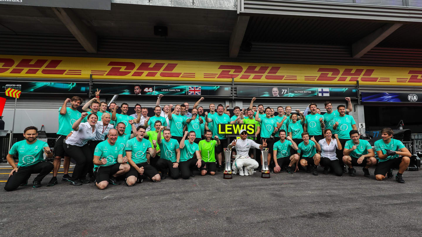 Race winner Lewis Hamilton (GBR) Mercedes AMG F1 celebrates with the team at Formula One World Championship, Rd12, Belgian Grand Prix, Race, Spa Francorchamps, Belgium, Sunday 27 August 2017. © Sutton Images