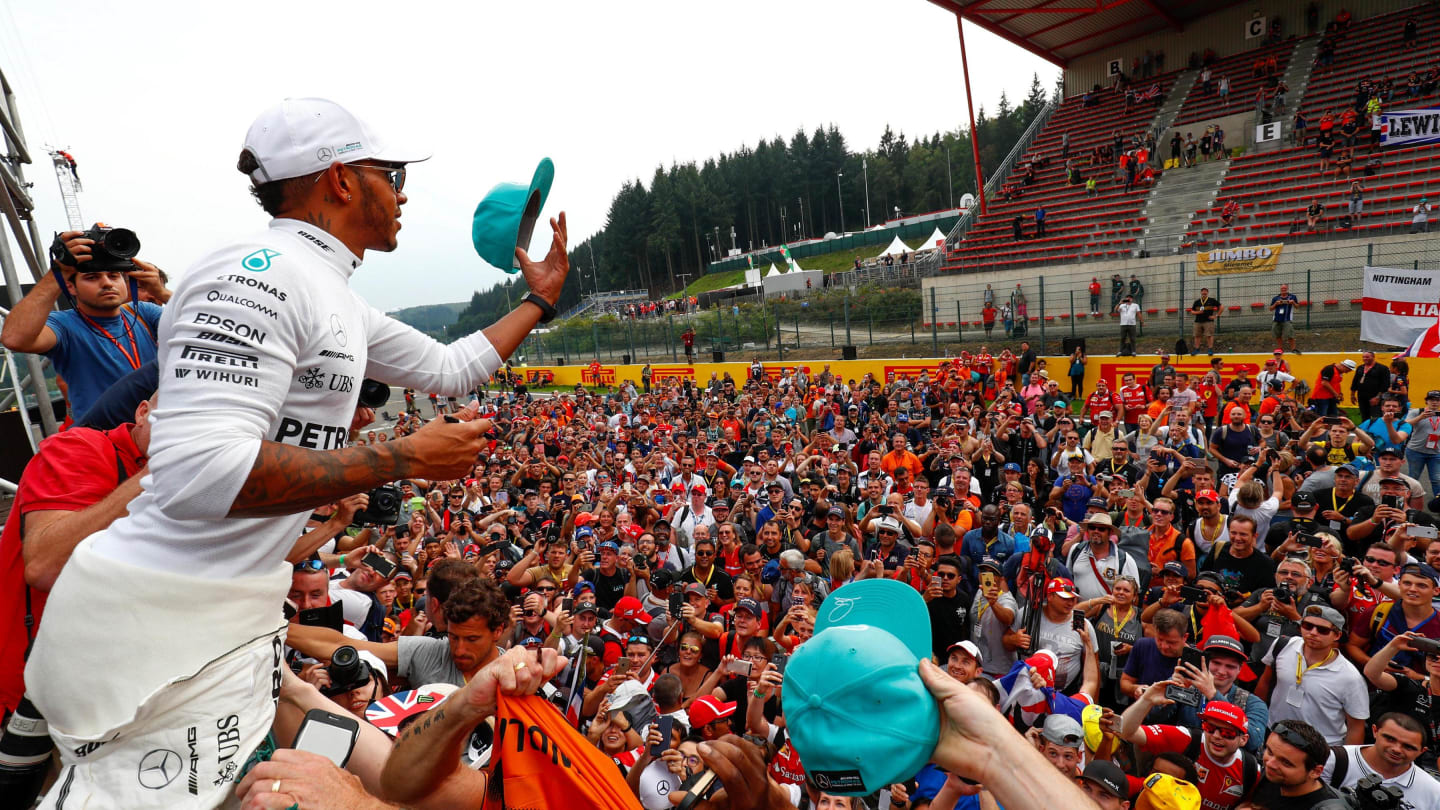 Race winner Lewis Hamilton (GBR) Mercedes AMG F1 celebrates with the fans at Formula One World Championship, Rd12, Belgian Grand Prix, Race, Spa Francorchamps, Belgium, Sunday 27 August 2017. © Sutton Images