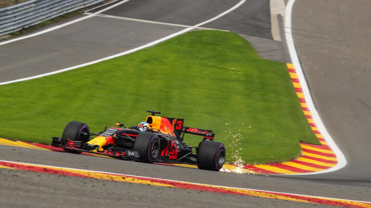 Daniel Ricciardo (AUS) Red Bull Racing RB13 sparks at Formula One World Championship, Rd12, Belgian