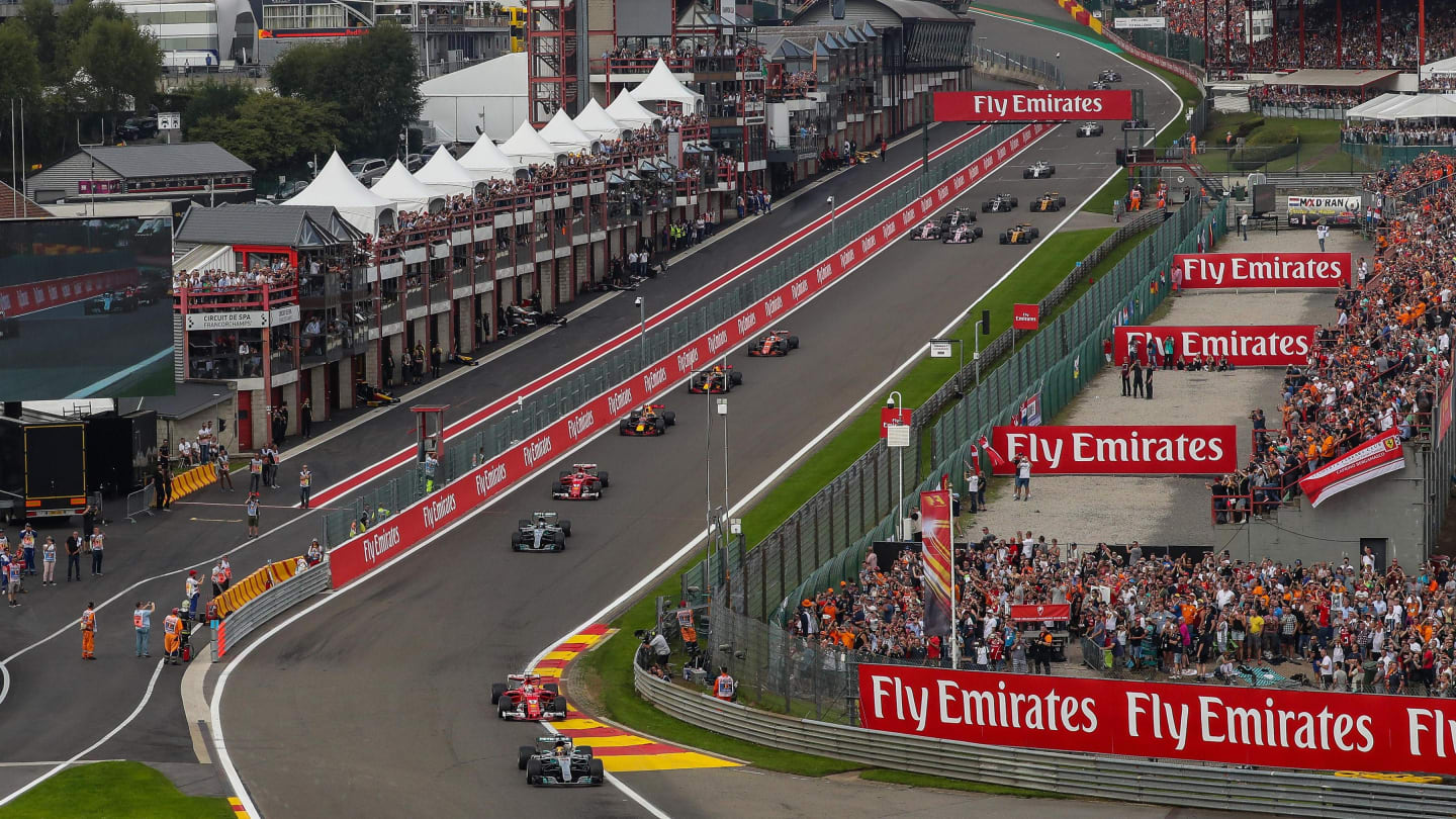 Lewis Hamilton (GBR) Mercedes-Benz F1 W08 Hybrid leads at the start of the race at Formula One