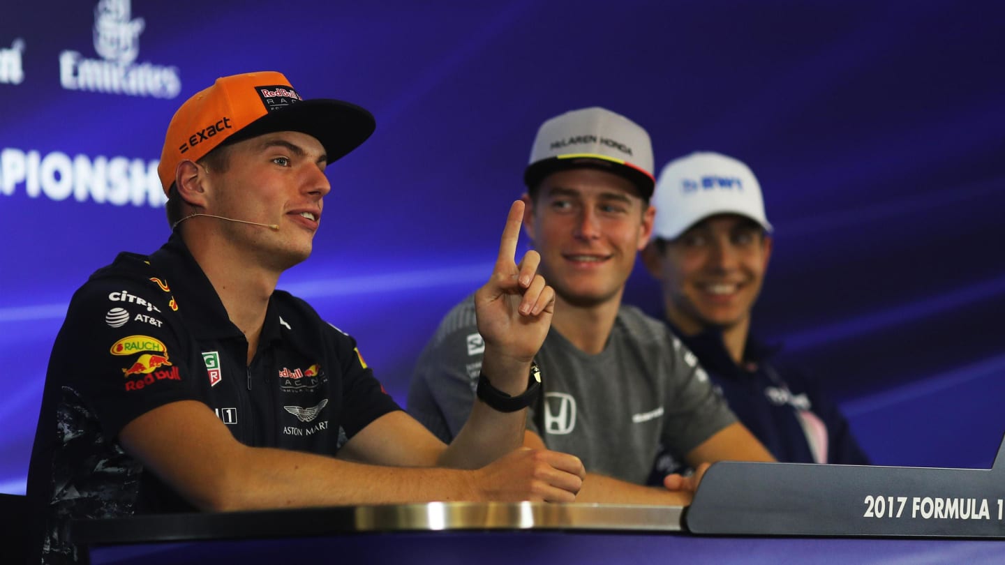 Verstappen (NED) Red Bull Racing, Vandoorne (BEL) McLaren and Ocon (FRA) Force India F1 in the Press Conference at Formula One World Championship, Rd12, Belgian Grand Prix, Preparations, Spa Francorchamps, Belgium, Thursday 24 August 2017. © Sutton Images