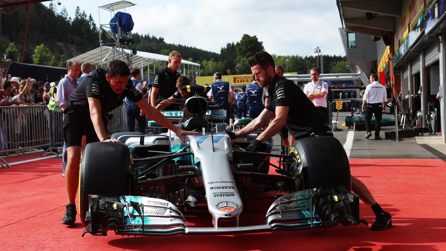 Mercedes AMG F1 mechanics with Mercedes-Benz F1 W08 Hybrid in pit lane at Formula One World Championship, Rd12, Belgian Grand Prix, Preparations, Spa Francorchamps, Belgium, Thursday 24 August 2017. © Sutton Images