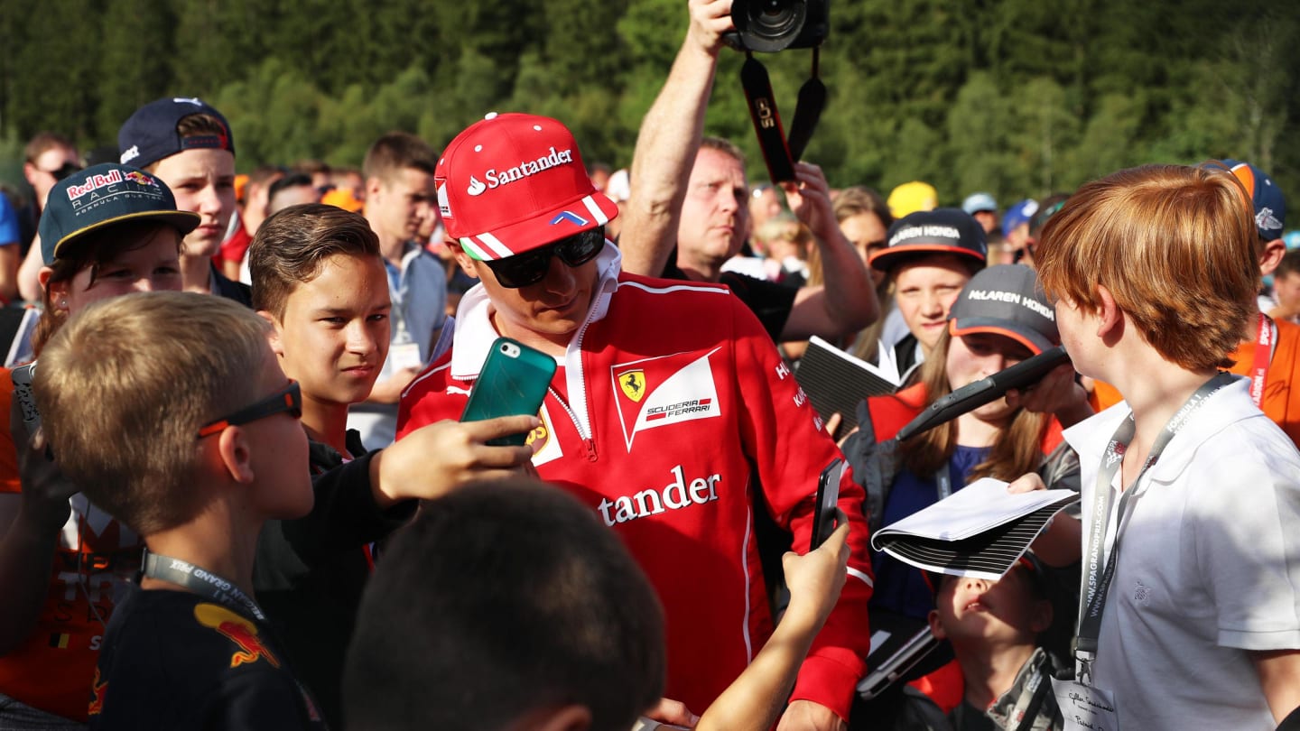 Kimi Raikkonen (FIN) Ferrari fans selfie at Formula One World Championship, Rd12, Belgian Grand Prix, Preparations, Spa Francorchamps, Belgium, Thursday 24 August 2017. © Sutton Images