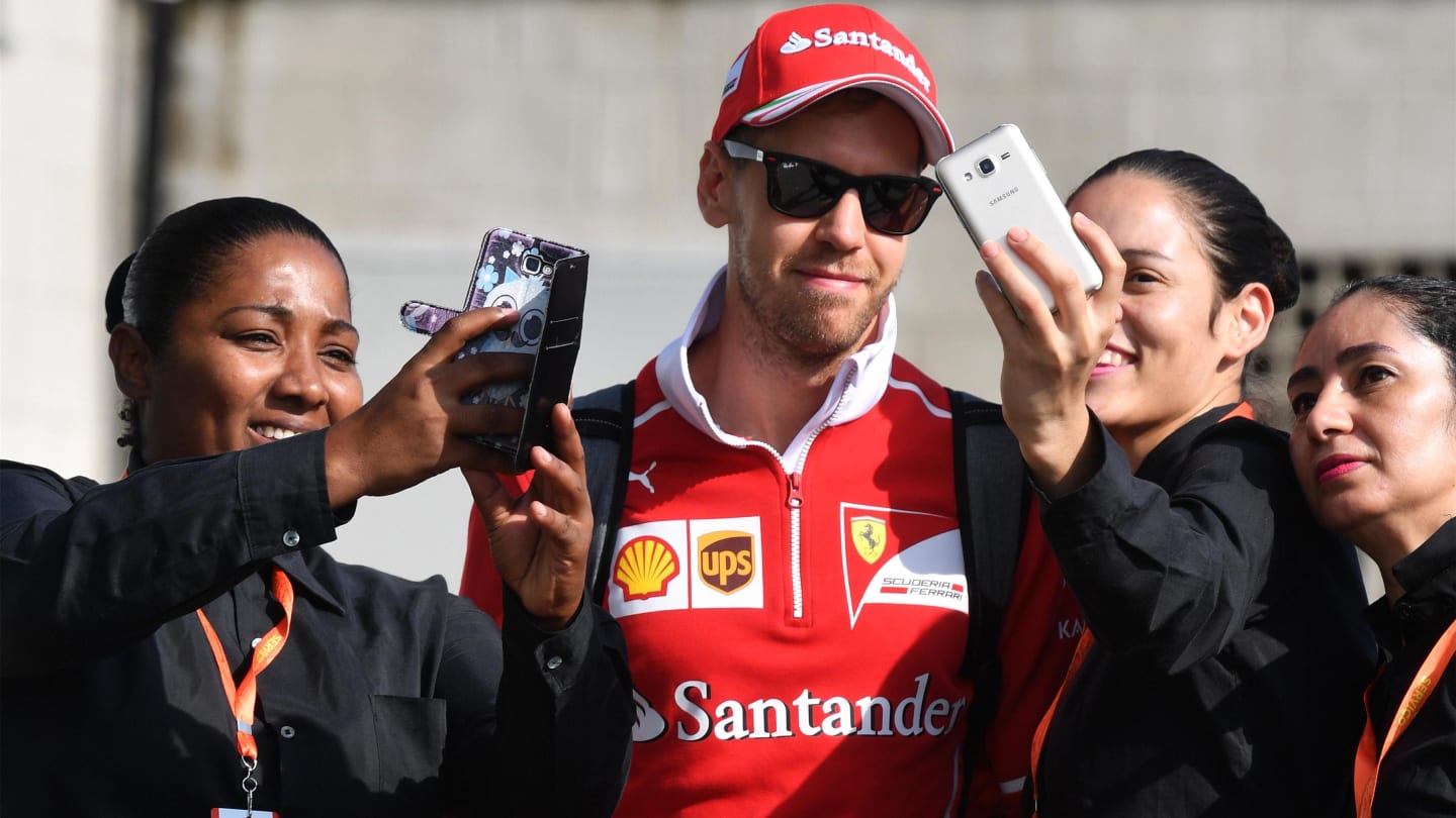 Sebastian Vettel (GER) Ferrari fans selfies at Formula One World Championship, Rd19, Brazilian Grand Prix, Practice, Interlagos, Sao Paulo, Brazil, Friday 10 November 2017. © Mark Sutton/Sutton Images