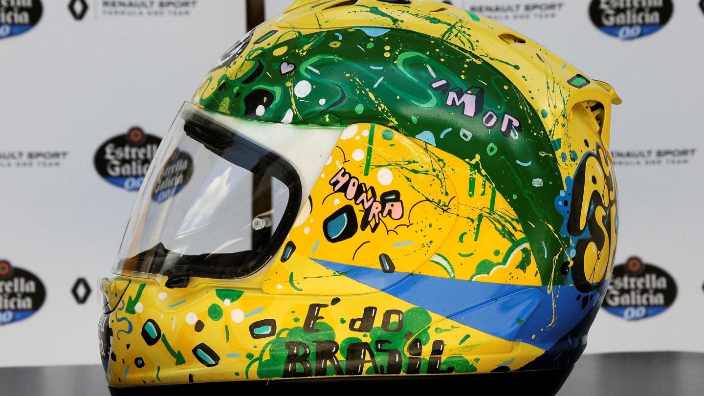 Special Edition helmet designed by Shock Maravillha (BRA) for Carlos Sainz (ESP) Renault Sport F1 Team at Formula One World Championship, Rd19, Brazilian Grand Prix, Practice, Interlagos, Sao Paulo, Brazil, Friday 10 November 2017. © Rubio/Sutton Images
