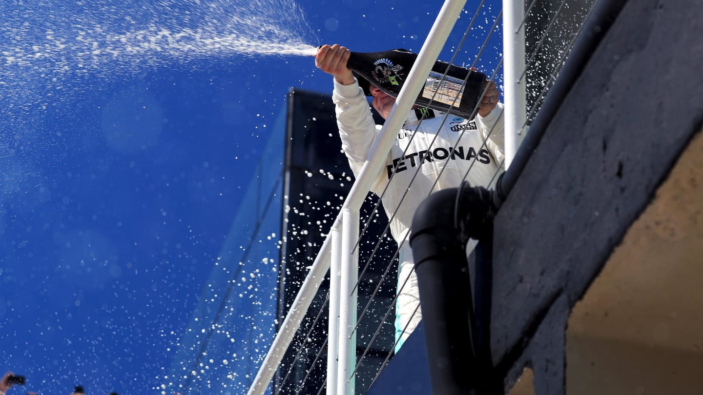 Valtteri Bottas (FIN) Mercedes AMG F1 celebrates on the podium with the champagne at Formula One World Championship, Rd19, Brazilian Grand Prix, Race, Interlagos, Sao Paulo, Brazil, Sunday 12 November 2017. © Kym Illman/Sutton Images