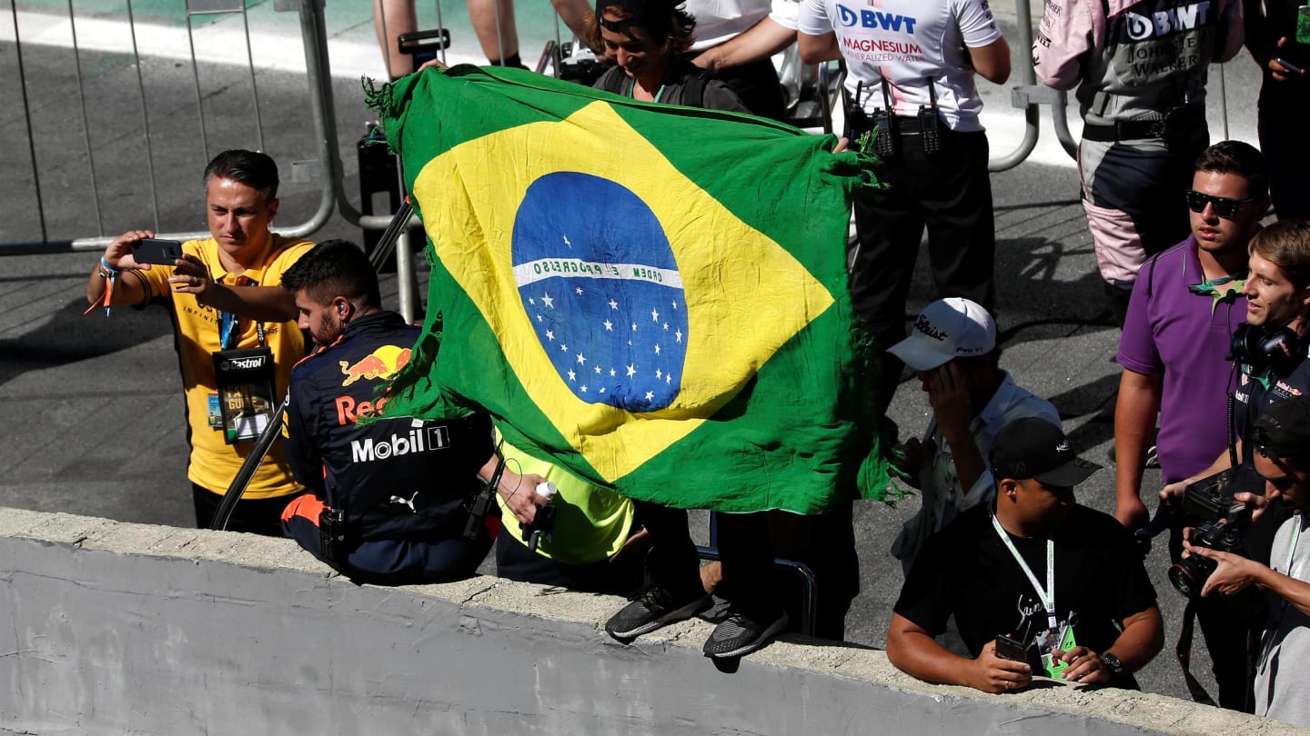 Fan with Brazilian flag at the podium celebrations at Formula One World Championship, Rd19, Brazilian Grand Prix, Race, Interlagos, Sao Paulo, Brazil, Sunday 12 November 2017. © Manuel Goria/Sutton Images