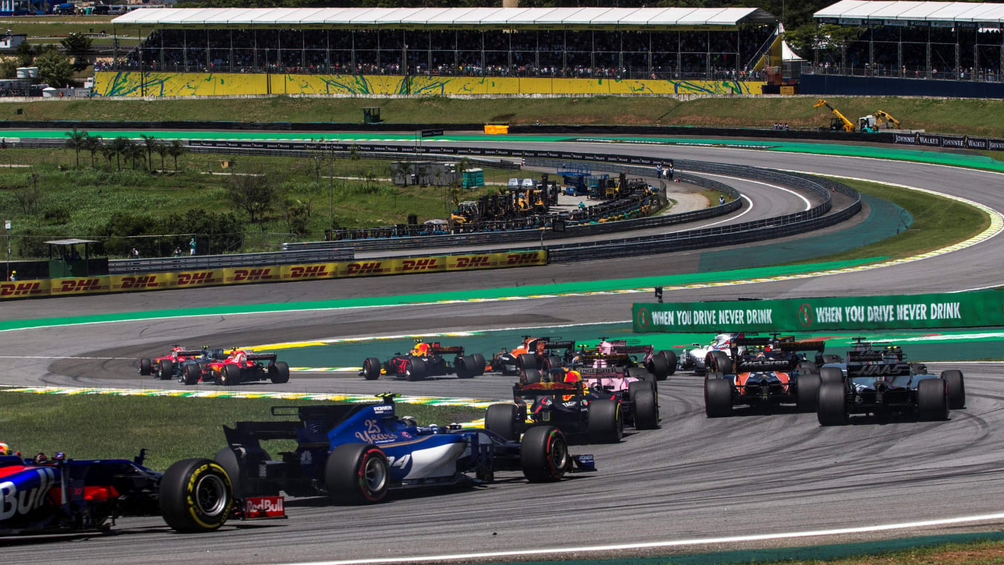 Sebastian Vettel (GER) Ferrari SF70-H leads at the start of the race at Formula One World