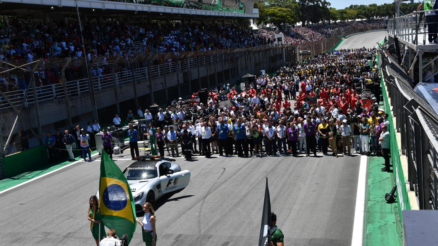The Brazilian National Anthem is observed on the grid at Formula One World Championship, Rd19, Brazilian Grand Prix, Race, Interlagos, Sao Paulo, Brazil, Sunday 12 November 2017. © Mark Sutton/Sutton Images