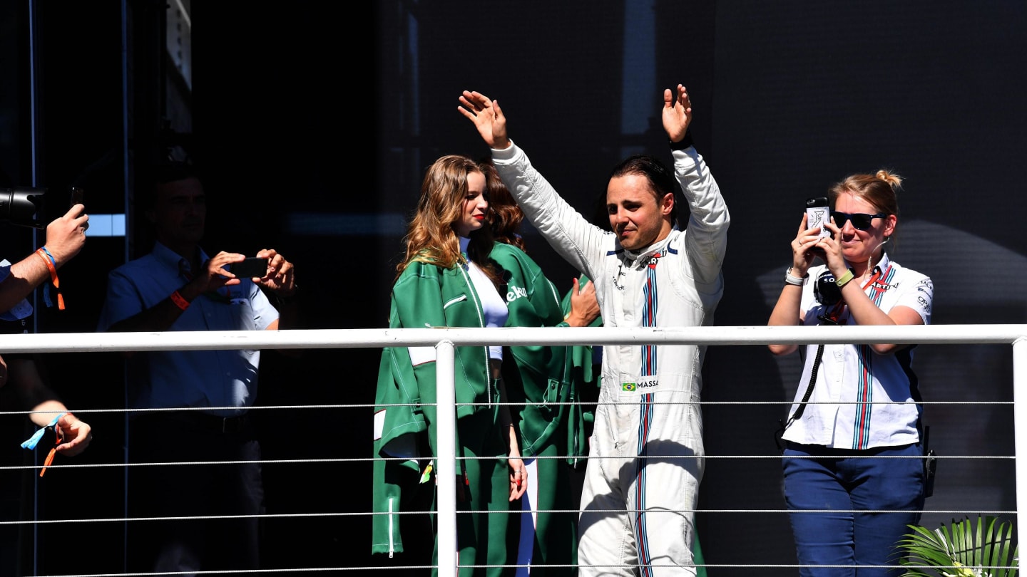 Felipe Massa (BRA) Williams celebrates the finish of his last Brazilian Grand Prix on the podium at Formula One World Championship, Rd19, Brazilian Grand Prix, Race, Interlagos, Sao Paulo, Brazil, Sunday 12 November 2017. © Mark Sutton/Sutton Images