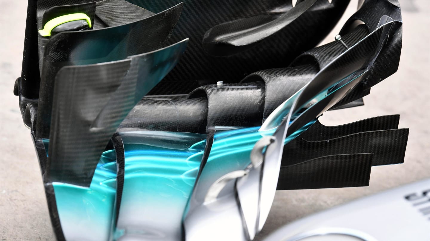 Mercedes-Benz F1 W08 Hybrid front wing detail at Formula One World Championship, Rd19, Brazilian Grand Prix, Preparations, Interlagos, Sao Paulo, Brazil, Thursday 9 November 2017. © Mark Sutton/Sutton Images