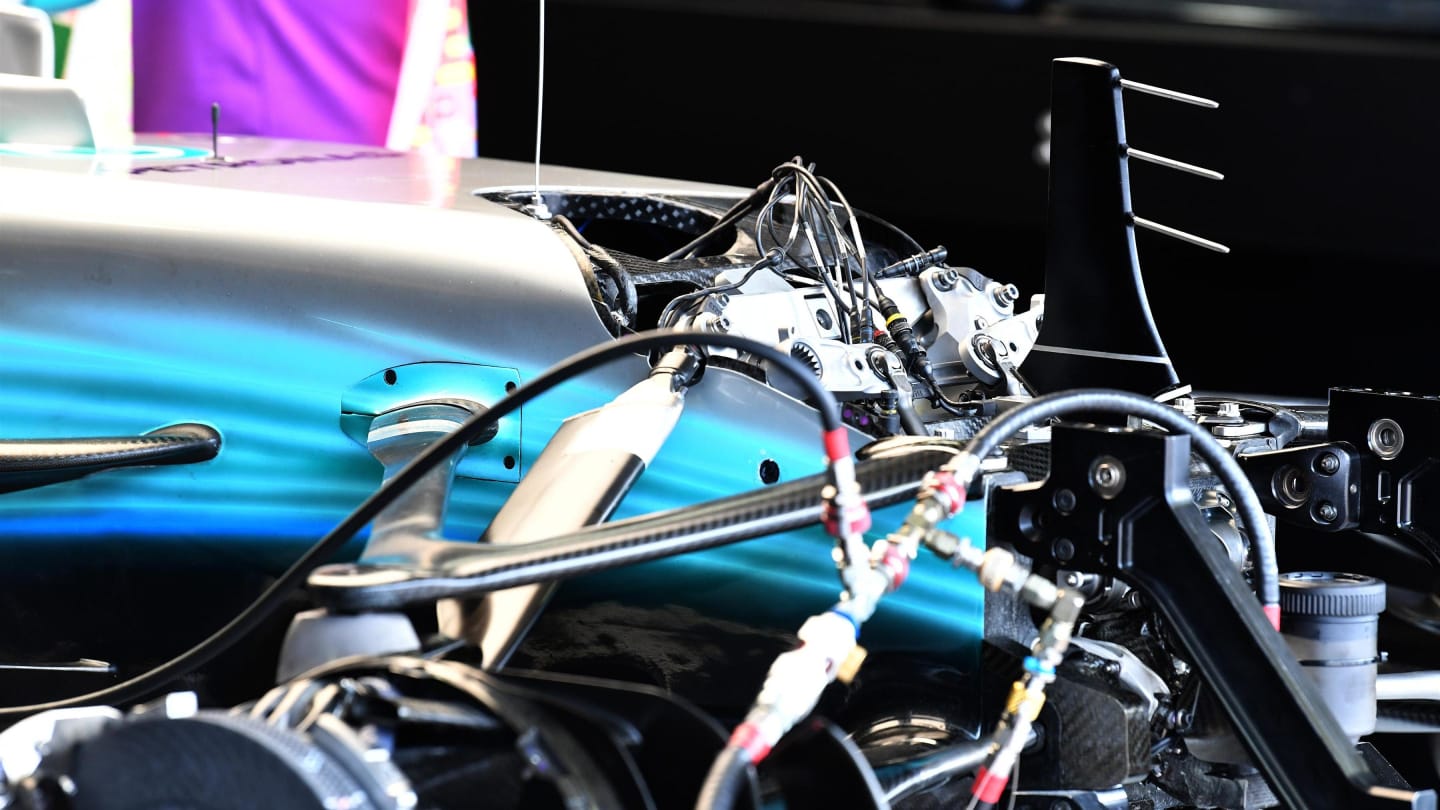 Mercedes-Benz F1 W08 Hybrid front suspension detail at Formula One World Championship, Rd19, Brazilian Grand Prix, Preparations, Interlagos, Sao Paulo, Brazil, Thursday 9 November 2017. © Mark Sutton/Sutton Images