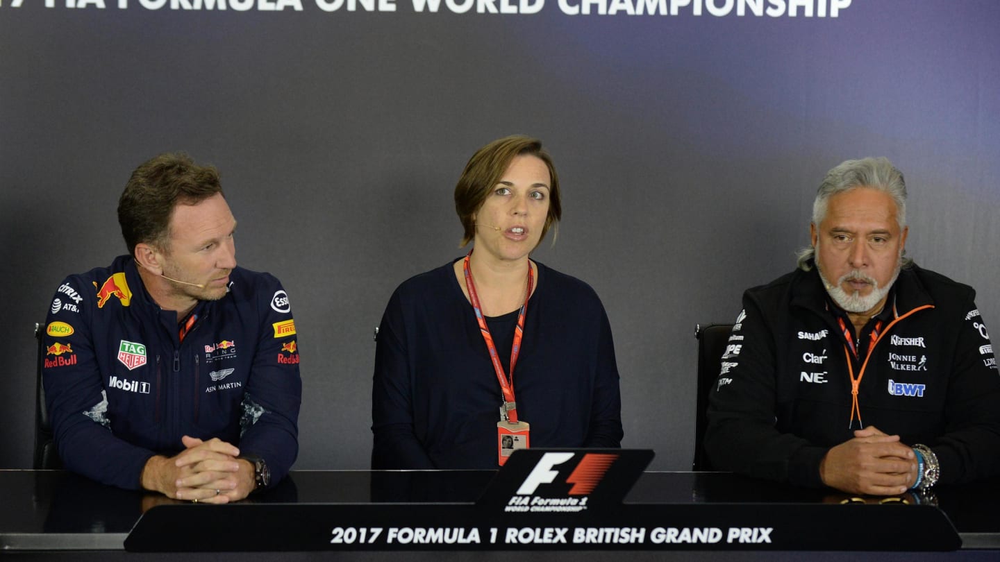 Christian Horner (GBR) Red Bull Racing Team Principal, Claire Williams (GBR) Williams Deputy Team Principal and Dr. Vijay Mallya (IND) Force India Formula One Team Owner in the Press Conference at Formula One World Championship, Rd10, British Grand Prix,