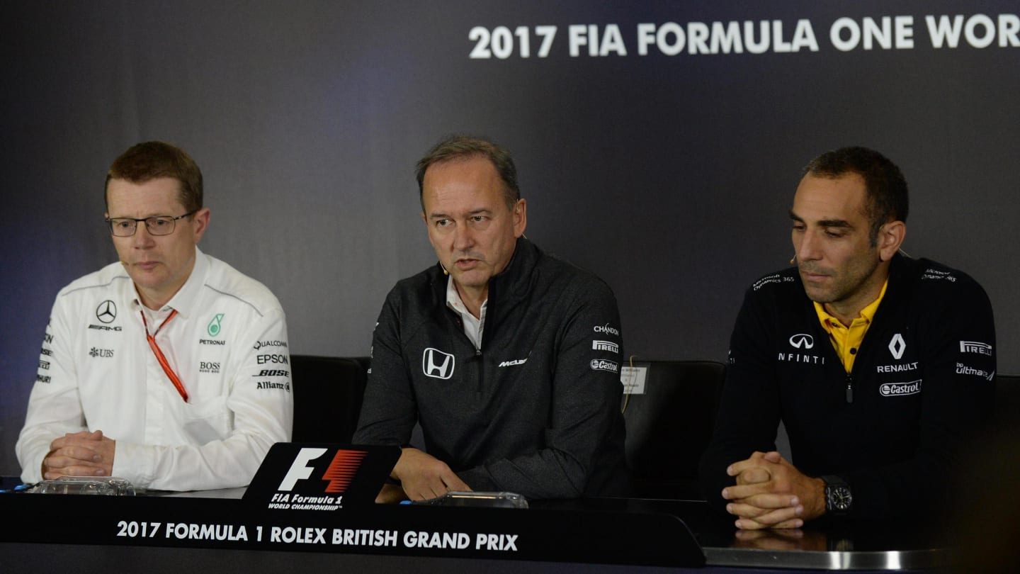 Andy Cowell (GBR) Managing Director, Mercedes AMG High Performance Powertrains, Jonathan Neale (GBR) McLaren Managing Director and Cyril Abiteboul (FRA) Renault Sport F1 Managing Director in the Press Conference at Formula One World Championship, Rd10, British Grand Prix, Practice, Silverstone, England, Friday 14 July 2017. © Sutton Images