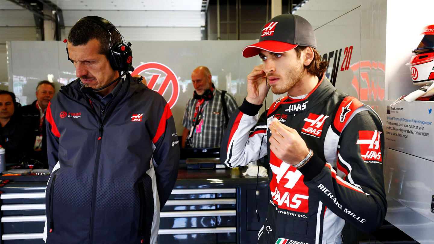 Guenther Steiner (ITA) Haas F1 Team Principal and Antonio Giovinazzi (ITA) Haas F1 at Formula One World Championship, Rd10, British Grand Prix, Practice, Silverstone, England, Friday 14 July 2017. © Sutton Images