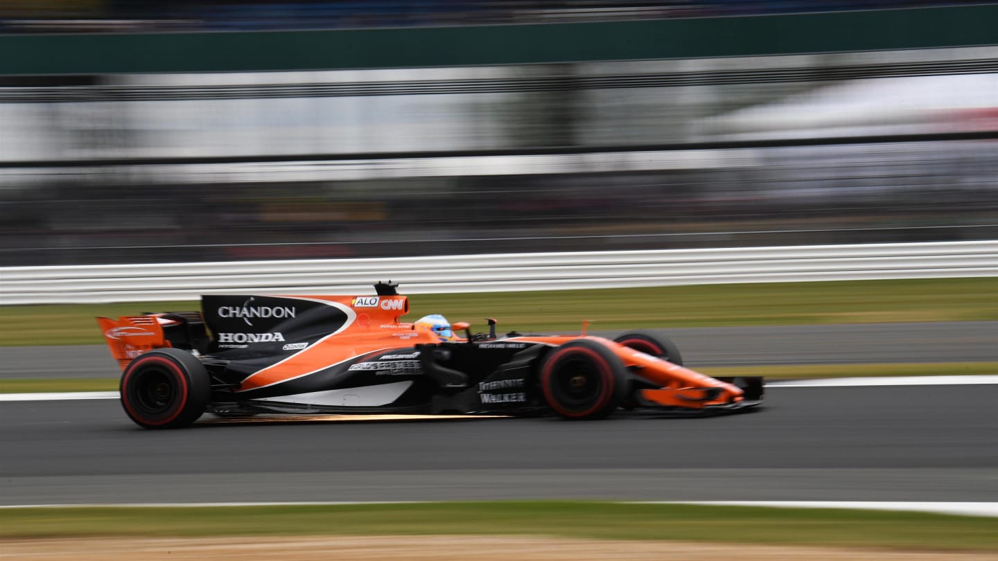 Fernando Alonso (ESP) McLaren MCL32 sparks at Formula One World Championship, Rd10, British Grand Prix, Practice, Silverstone, England, Friday 14 July 2017. © Sutton Images